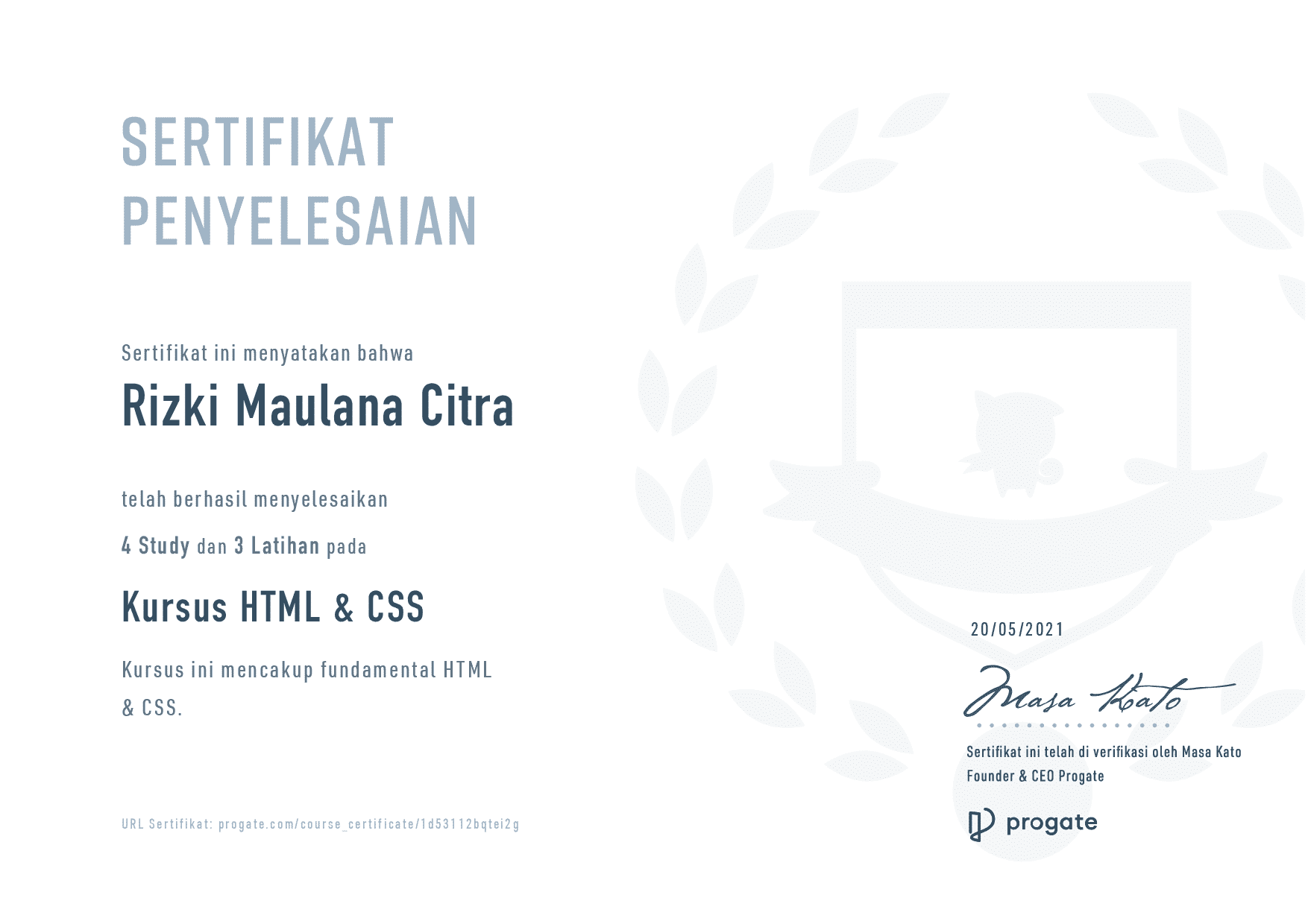 HTML & CSS course - Progate certificate